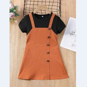 Girls Decorative Button Two-Tone Faux-Two Overall Dress